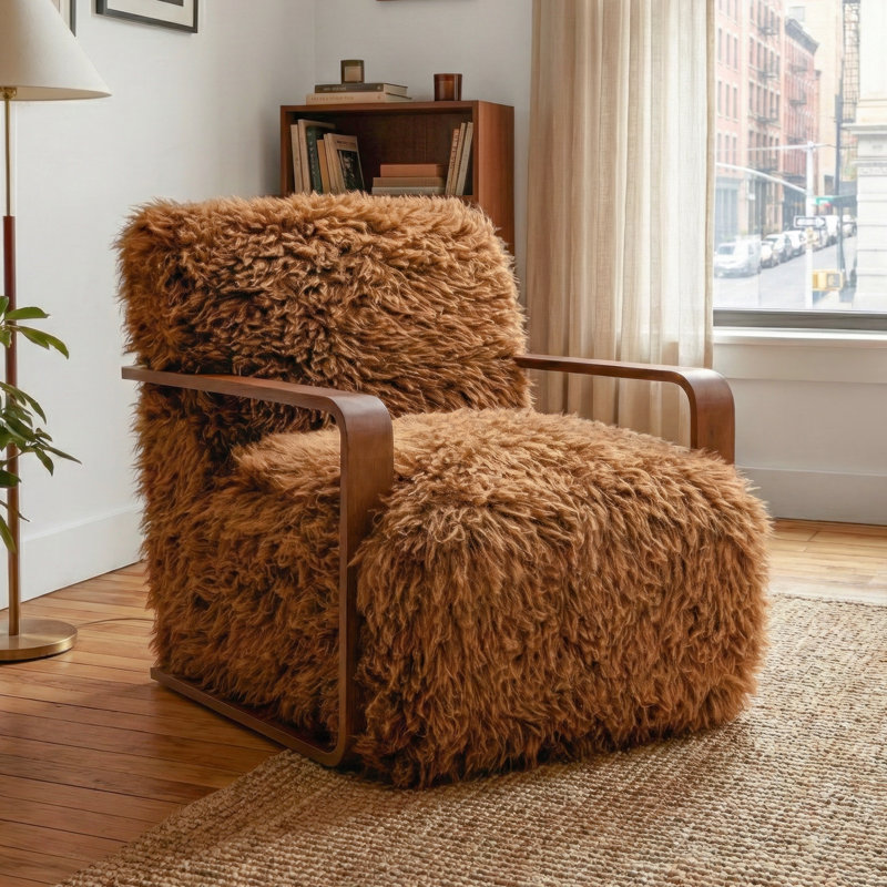 Fauteuil d'appoint rembourré à poils longs Harry, Brun