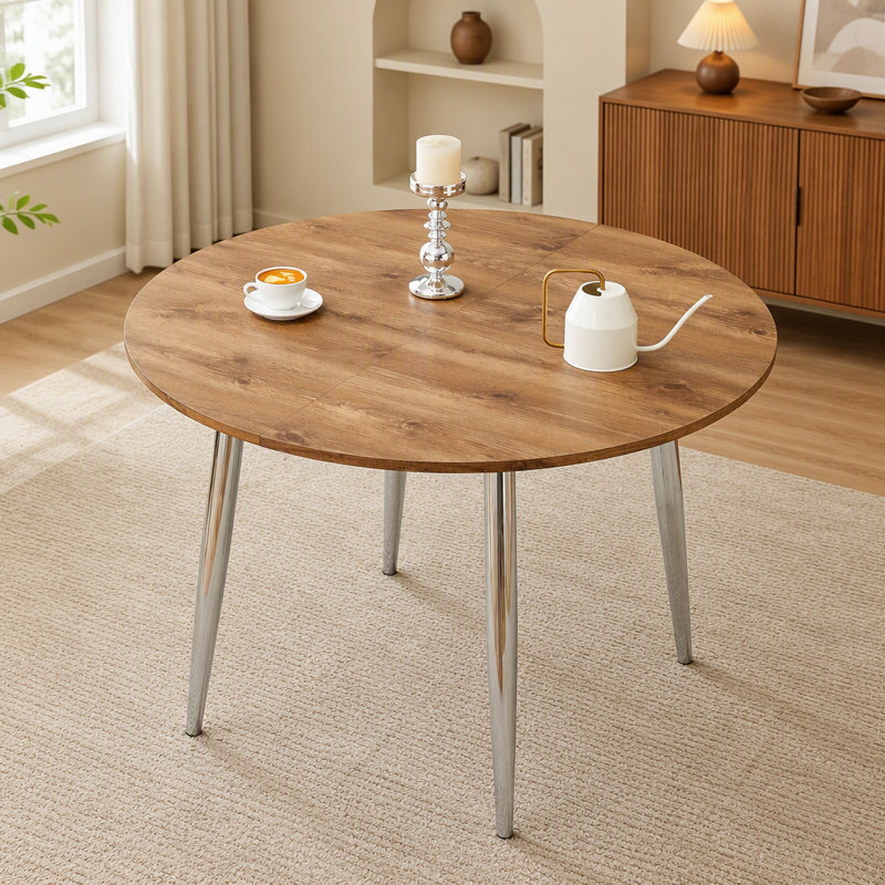Table rétractable en MDF imitation bois avec pattes en métal argenté, gain de place et élégante pour une salle à manger moderne