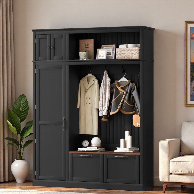 3-in-1 Hall Tree With Top Storage Cabinet, Open Storage, 3 Adjustable Side Shelves, 4 Heavy-duty Hooks, 2 Spacious Drawers And Seat Bench