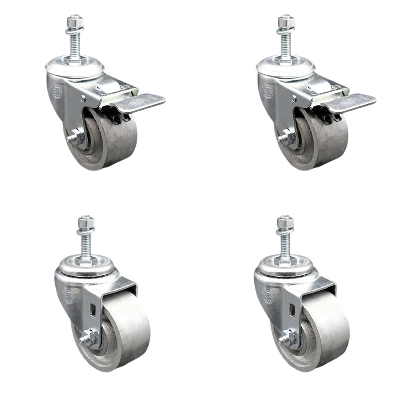TS Caster Set 4 -3" Wheel&3/8" Stems-2 w/TTL BRK