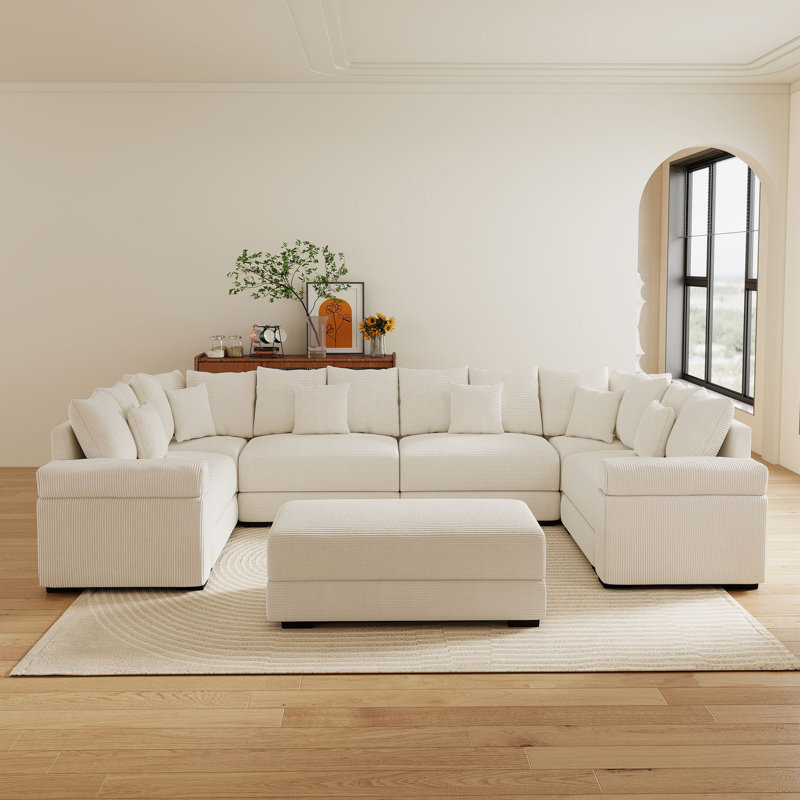 7-Piece 137.9" Wide Modular Sectional Sofa Oversized Corduroy Deep Seat Cloud Corner Couch With 46" W Movable Ottoman & Pillows