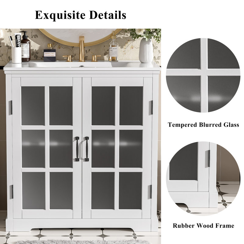 Meuble-lavabo moderne 30 po avec lavabo en céramique, verre trempé et poignées noir mat, blanc