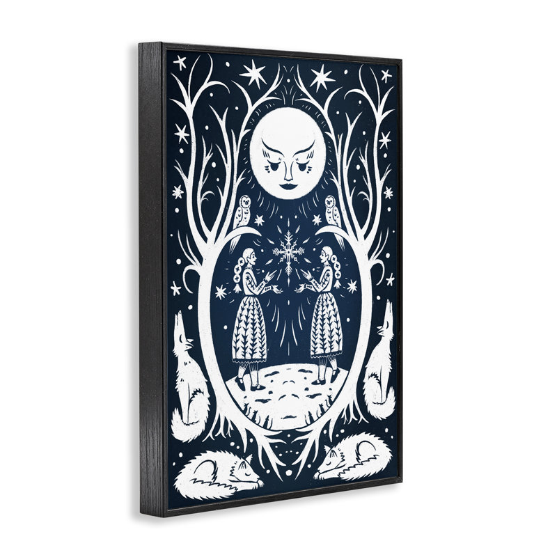 Giclée de Woodland Folk Girls avec lune, design par Hannah Moren, 18" H x 12" W, Giclée encadrée noir minuit