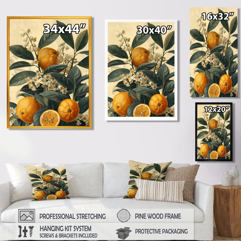Vintage Orange Tree Bliss I - fruits, art mural, salon, Toile avec cadre flottant noir, H 40 po x l 30 po x P 1,5 po