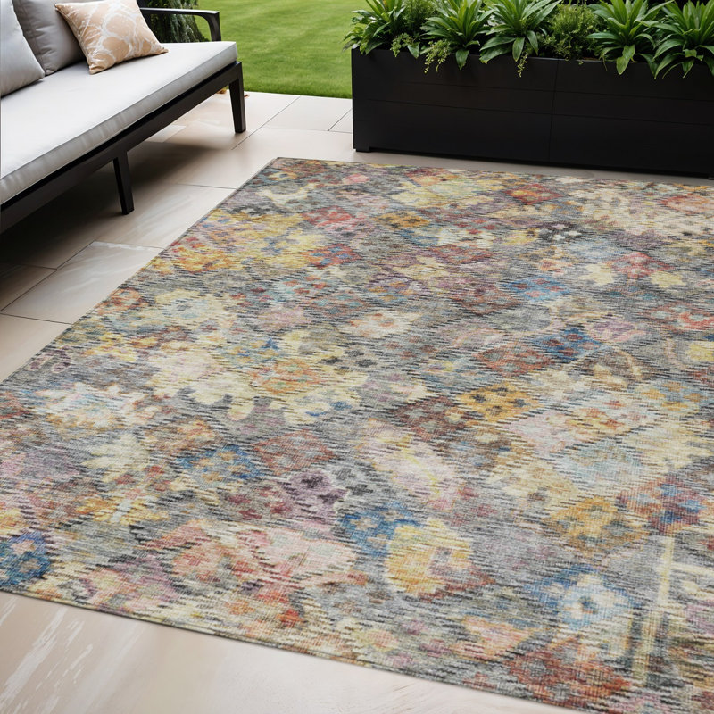 Tapis extérieur lavable floral bleu doré et brun 5 pi x 8 pi