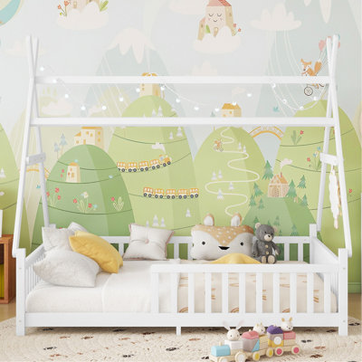Lit double avec lumière et lit surélevé avec clôture et toit pour enfants Garçons Filles, blanc