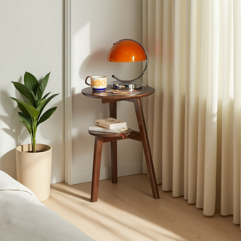 Table d'appoint 100% bois massif à 2 niveaux Table d'appoint de salon, table de chevet, table de bout ronde en bois massif, petite table d'appoint à 2 niveaux avec tablette de rangement inférieure
