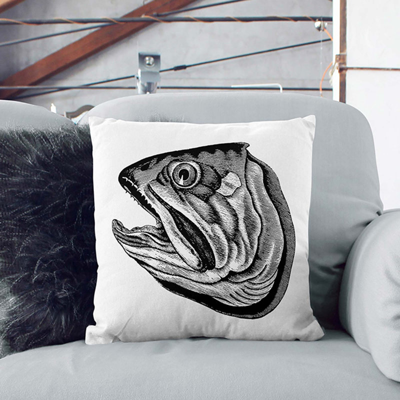 Fish Head Illustration Cushion with Filling, Black, 55cm H x 55cm W x 20cm D