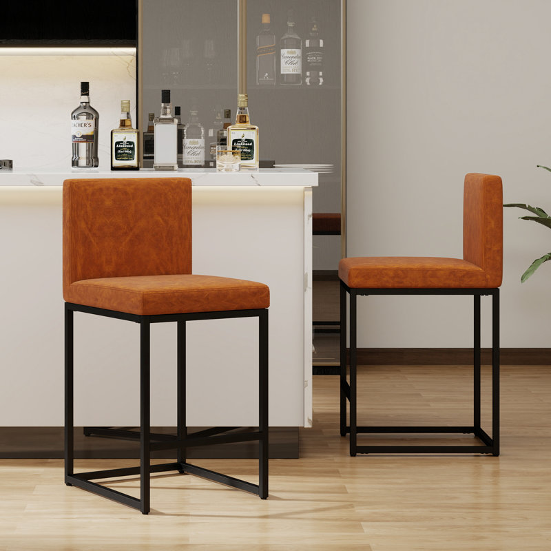 Modern 2 Sets Bar Stools with Back,Upholstered Counter Height Bar Stools with Handle,Vintage Fabric Bar Chairs