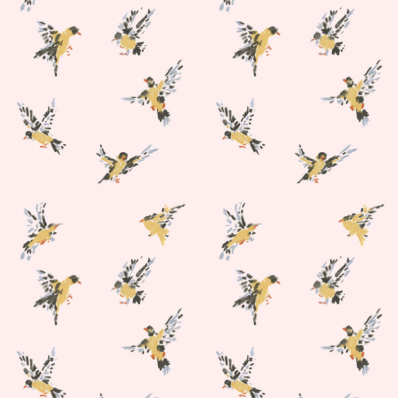 Vol des pinsons - Papier peint, Rose blanchi au soleil, Toile de ramie synthétique