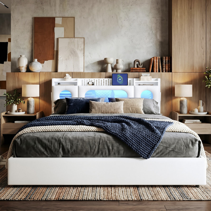 PU Leather Ottoman Bed, RGB LED Storage Headboard & USB-C Charging, European Double (140X200cm) & King (160X200cm) , White
