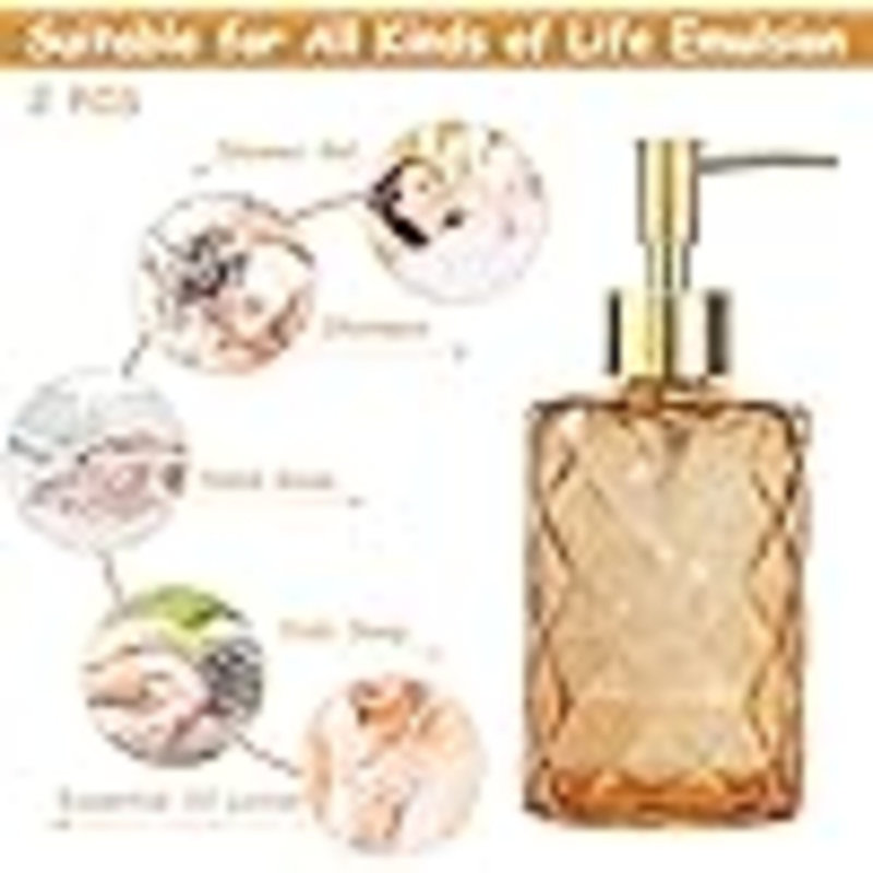 Distributeur de savon en verre avec pompe en plastique doré, distributeur de savon liquide 12 oz rechargeable, lot de 2 bouteilles de lotion en cristal pour décoration intérieure moderne, salle de bain, comptoir de cuisine, hôtel (ambre)