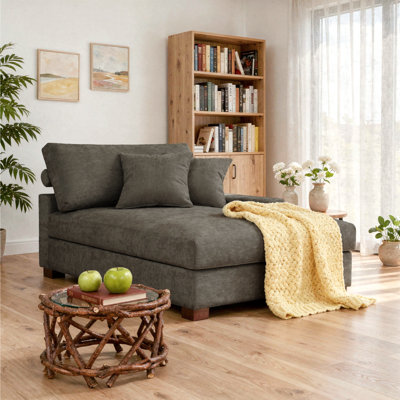 Oversized Upholstered Camel Chenille Chaise Lounge with Armrests & Throw Pillows