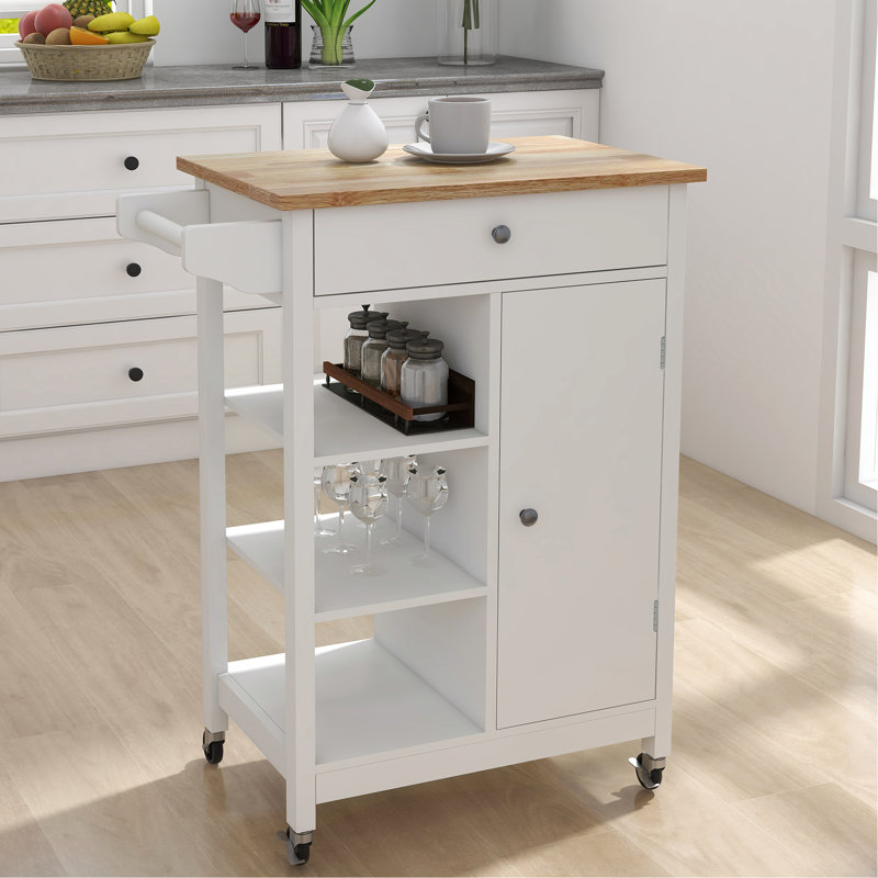White Kitchen Trolley With Lockable Wheels And Ample Storage Area Island One Door Towel Holder