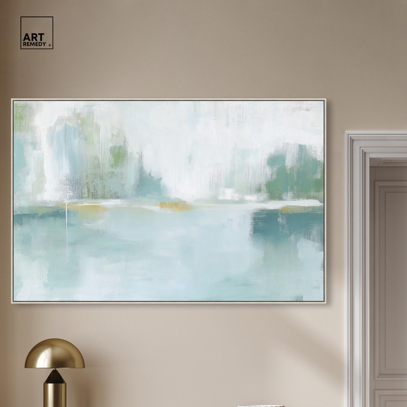 Mirrored Aqua Dream I Canvas Coastal Abstracts by Art Remedy, Silver Floater Framed, 37" H x 55" W x 2" D