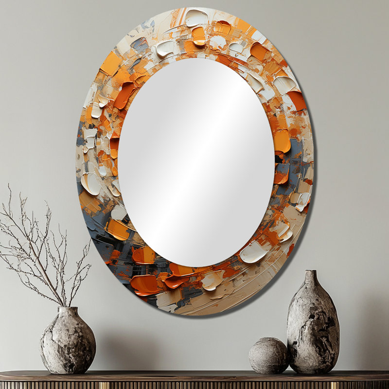 Orange et blanc abstrait en spirale collage - miroir mural ovale moderne, 40 po x 30 po