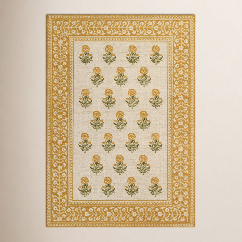Anders Traditional Floral Wool and Nylon Gold Area Rug, Rectangle 2' x 3'