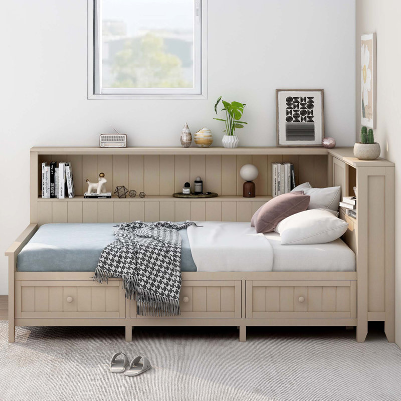 Wood Daybed With Storage Shelves And 3 Drawers, Twin