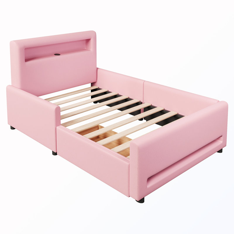 Lit simple tapissier avec tiroir et bande lumineuse à DEL et port USB, Pink