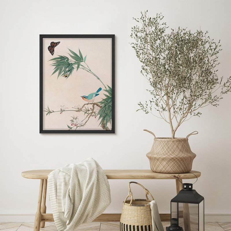 «Delicate Bird and Bamboo with Butterfly in Nature-Inspired Art», affiche rustique encadrée, Blanc / Blanc, H 14 po x l 11 po