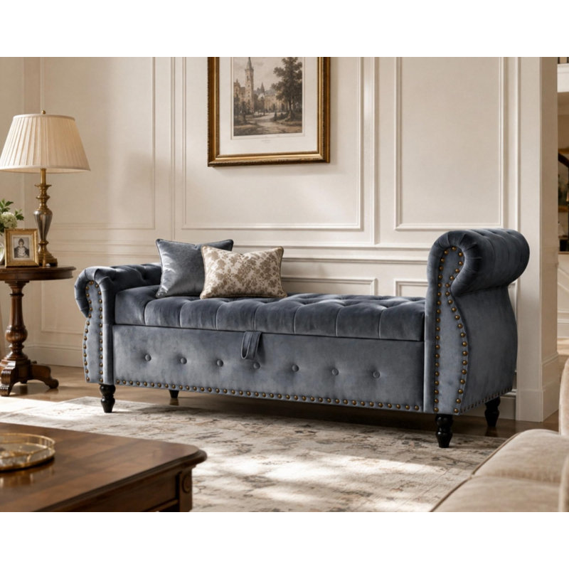 Velvet Upholstered Storage Bench, Grey