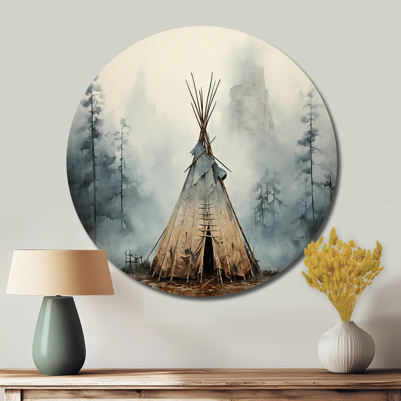 Tipi gris gris chuchotement d'esprit - art rond en métal, H 36 po x l 36 po