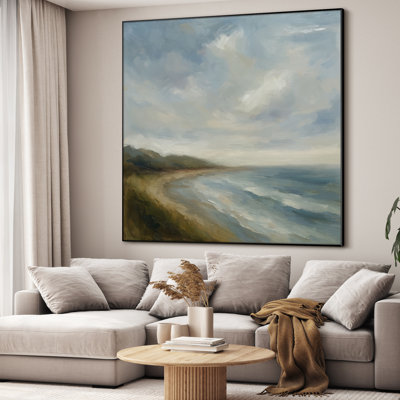 Très grande reproduction d'art sur tissu mural - art de paysage côtier doux pastel plage et vagues de l'océan, décor contemporain ou bord de mer pour le salon ou la chambre à coucher - "Assemblage requis du cadre (cadre non fini)"