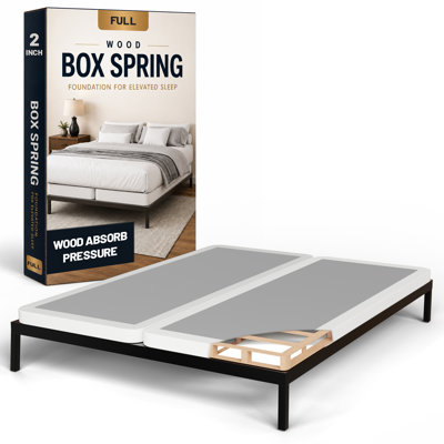Box Spring Bed Base Full Size, 2-Inch Wood Foundation – Quiet Noise Free, 2-Pieces Under Mattress-Support Boxspring, Fully Assembled, White