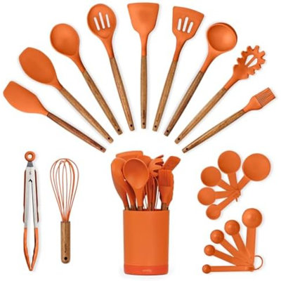 Ensemble d'ustensiles de cuisine en silicone, 22 pièces, manche en bois d'acacia, orange | Ensemble d'ustensiles de cuisine, spatules avec support, pour poêles antiadhésives, idéal pour un nouveau logement ou un premier appartement, sans BPA