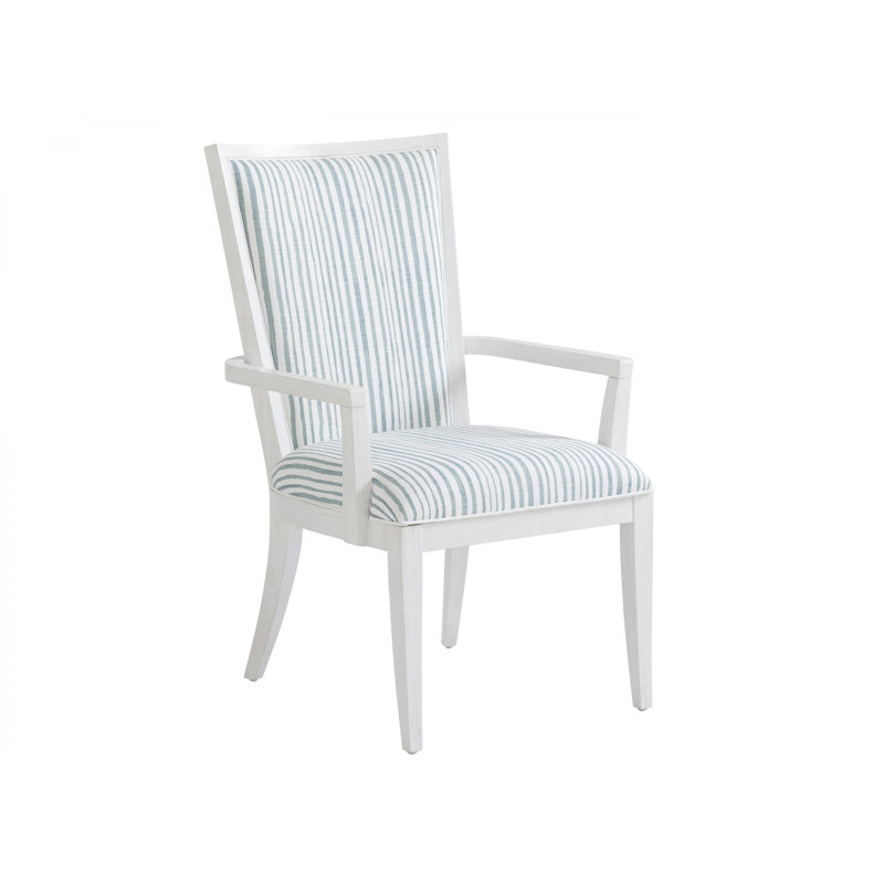 White and Blue Striped Upholstered Wood Arm Chair