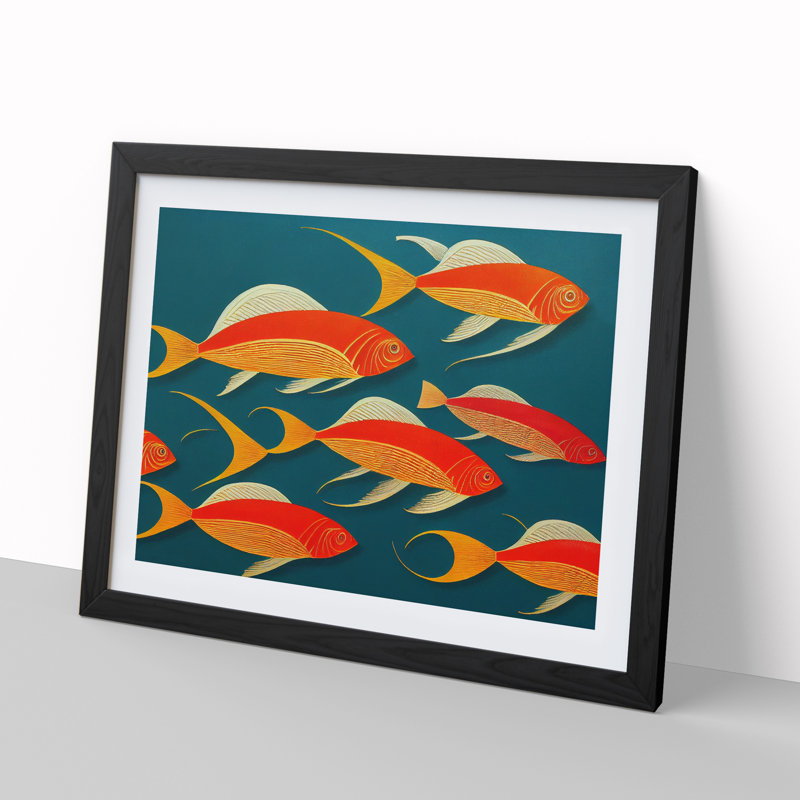 Art Deco Fish - Single Picture Frame Print, Black, 25cm H x 34cm W 