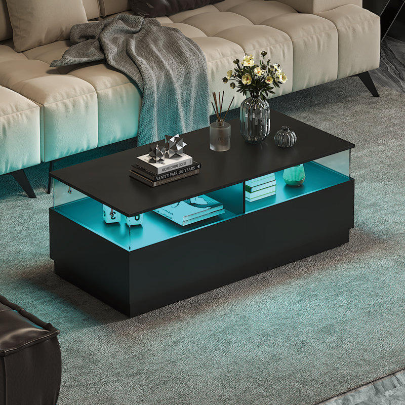 Table basse à DEL avec tiroir et panneau latéral en acrylique transparent pour le salon, Noir