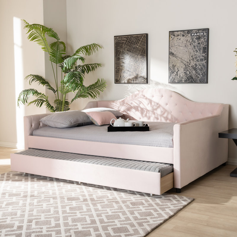 Lit de jour avec couchette Dania, Lit double, Rose clair