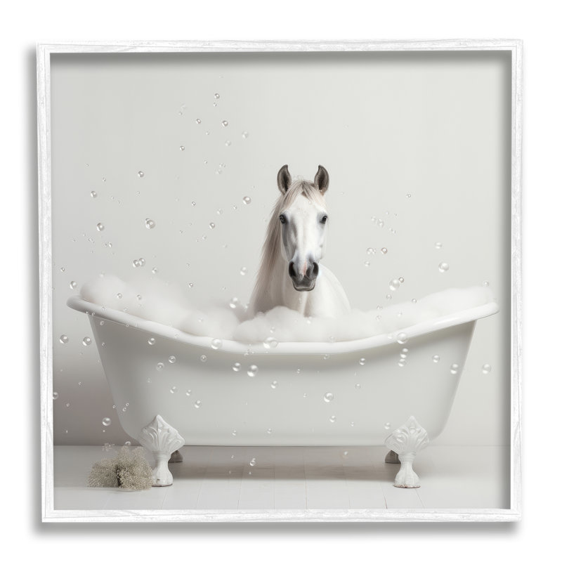 " Horse Bubble Bath " by Lazar Studio, Coastal White Framed Giclee, 17" H x 17" W x 1.5" D