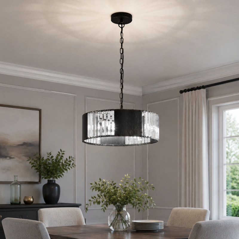 5-Lights Round K9 Round Chandelier Dia 44CM Pendant With Crystal Strip Pendant Light Fixture, Retro Distressed Black Gold