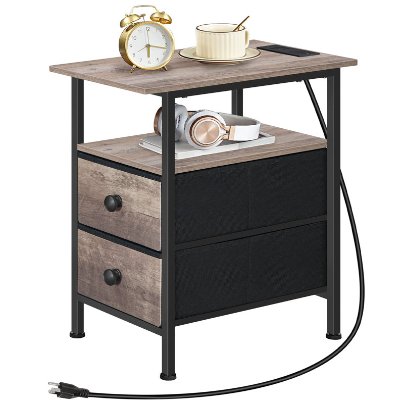 Narrow End Table with Charging Station, Gray/Black, 23.6" H x 18.9" L x 11.8" D