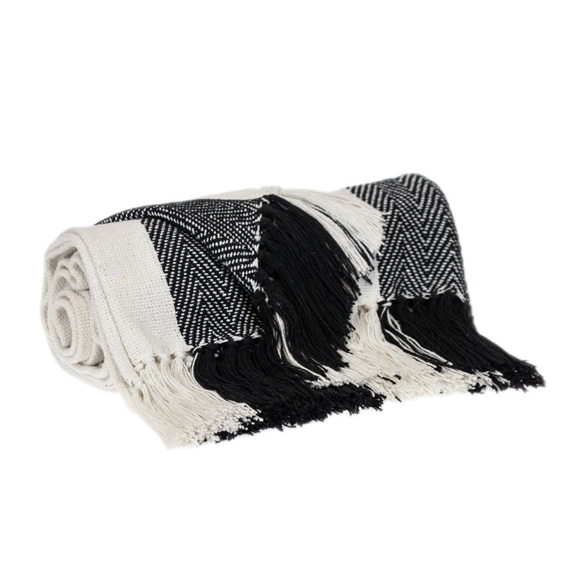 Jeté rayé en coton tissé, Rayures blanc / noir