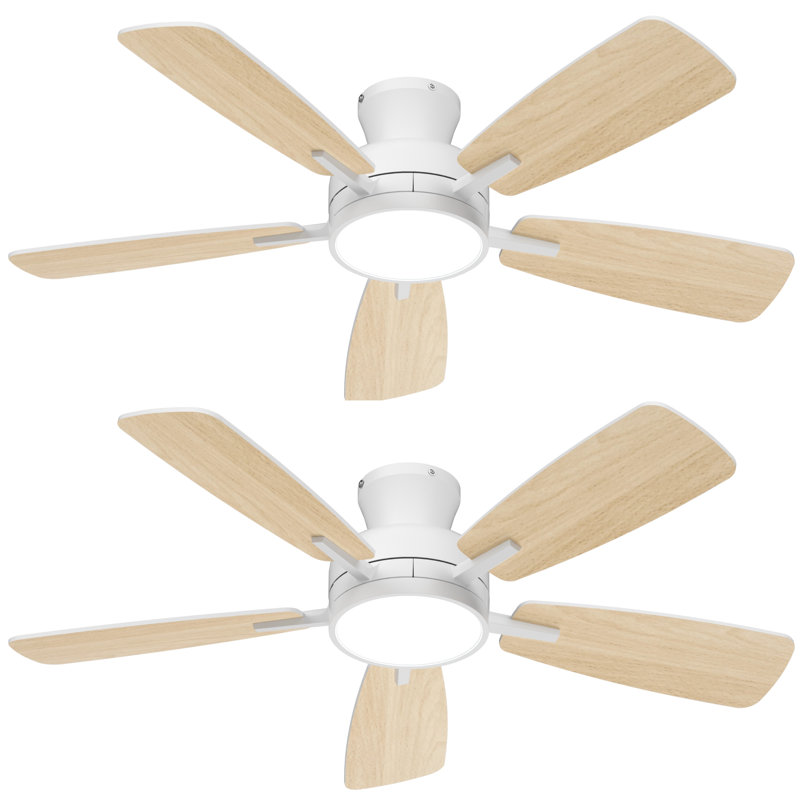 46 Inch Ceiling Fan With Light and Remote Control (Set of 2), White with Oak/White Blades