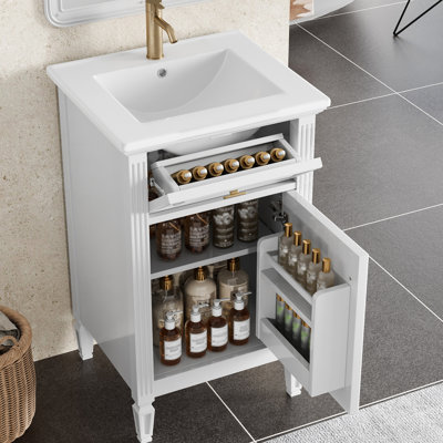 Lavabo de salle de bain blanc de 20 pouces avec pieds en bois massif, tiroir inclinable et charnières à fermeture en douceur, idéal pour les petites salles de bain, lavabo intégré en métal doré fonctionnel, convenant aux invités