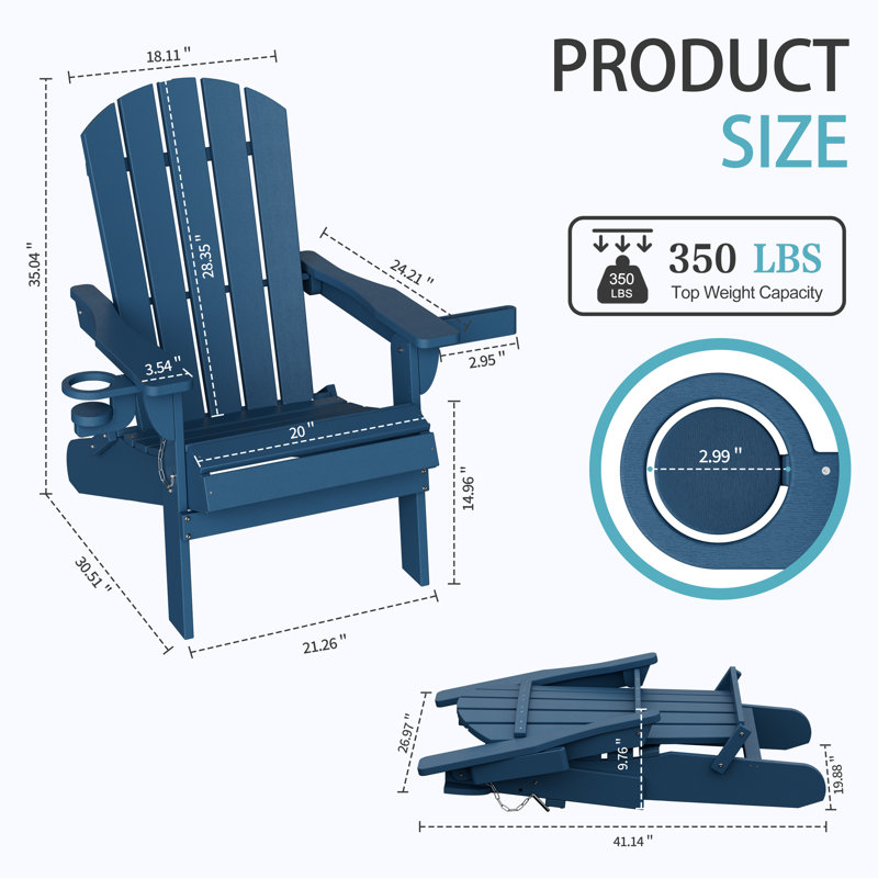 Ensemble de 4 chaises longues d'extérieur pliables avec porte-gobelets Adirondack, Bleu