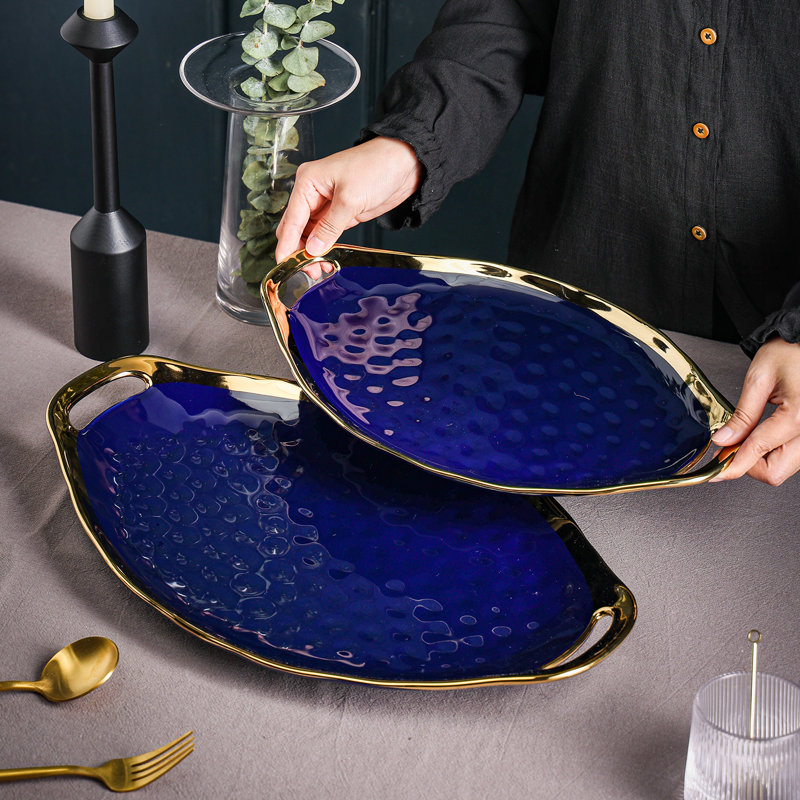 Stone Lain Florian 2-Piece Serving Oval Tray Plate Set Porcelain, Blue