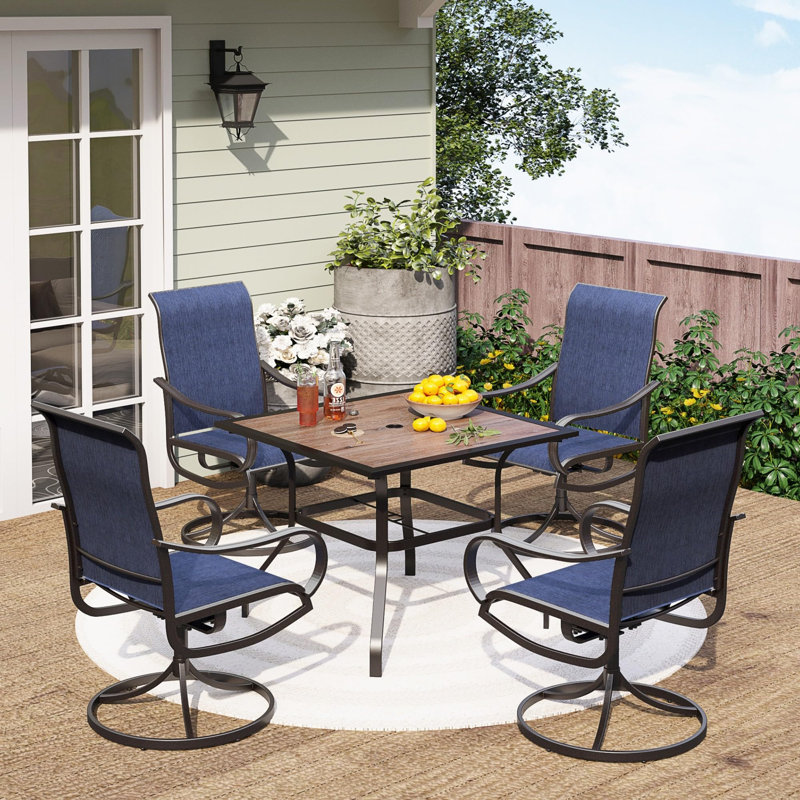 Ensemble de salle à manger 5 pièces pour patio HDPS - 4 chaises berçantes pivotantes, filet en textilène, table en faux bois 36 "avec trou pour parasol