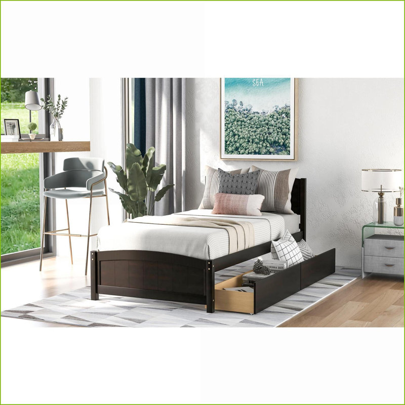 Lit plateforme simple en pin avec deux tiroirs, espresso - aucun sommier nécessaire, Espresso