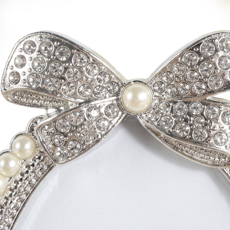 Cadre photo ovale à poser, orné de perles et d'un nœud en strass, cadre en plastique blanc argenté pour coiffeuse ou table de chevet