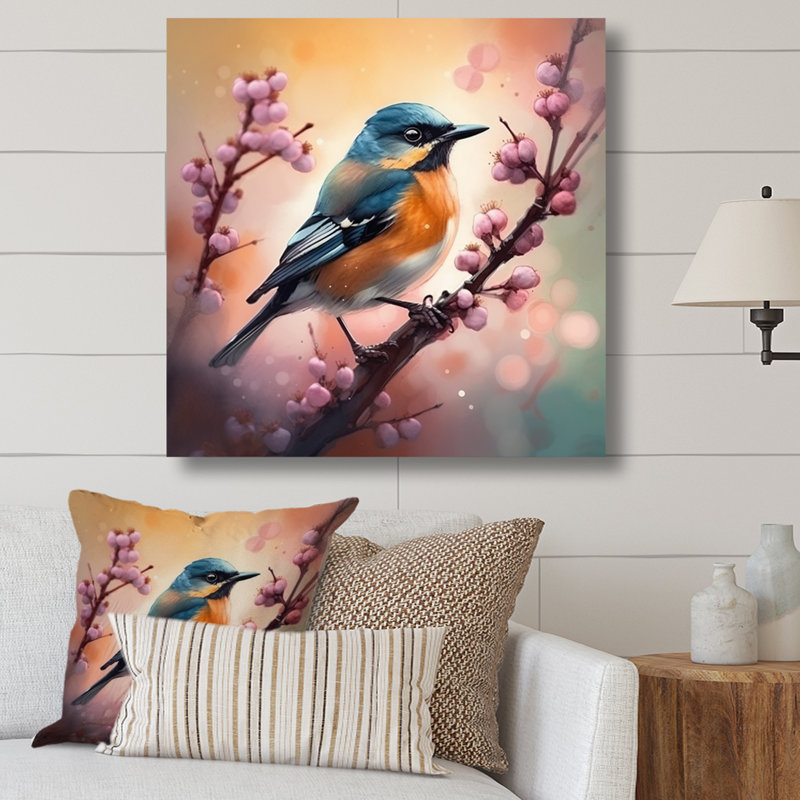 Décoration murale florale oiseau bleu sur un arbre II, H 16 po x l 16 po x P 1 po, Toile tendue