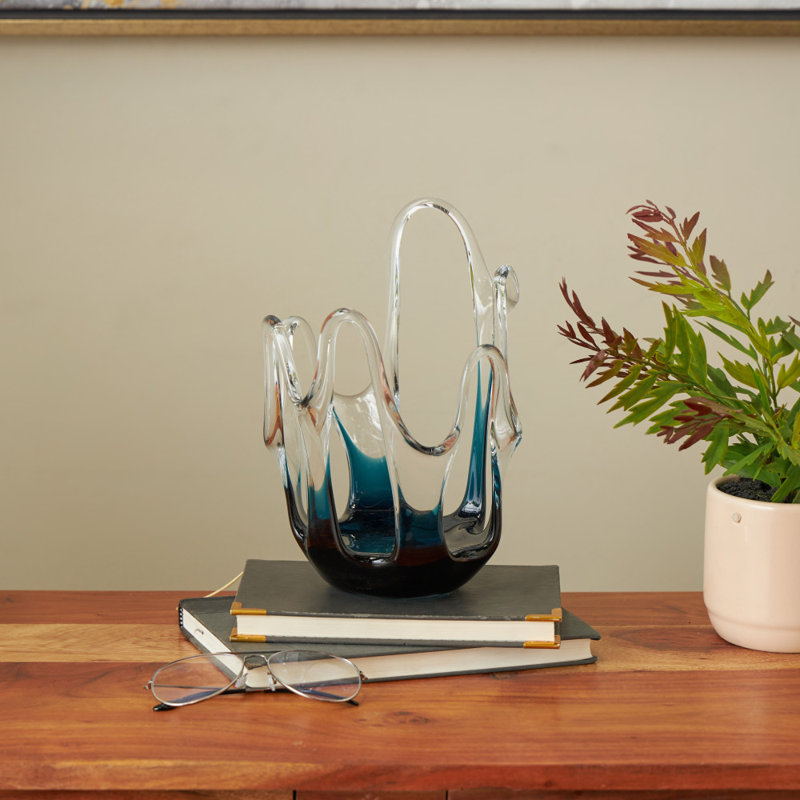 Cole And Grey Glass Ombre Abstract Decorative Vase With Wavy Oval Cutouts, 9.9" H x 6.95" W x 6.65" D