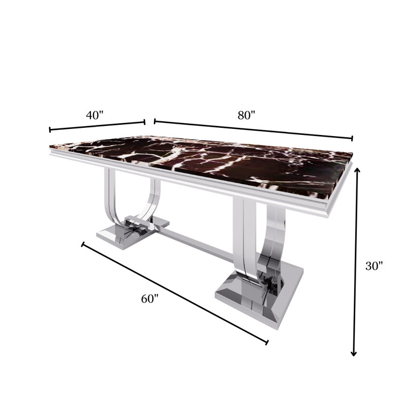 Ensemble de table de salle à manger en marbre noir de luxe avec 6 chaises de 47 po et base en acier inoxydable, Argent argent