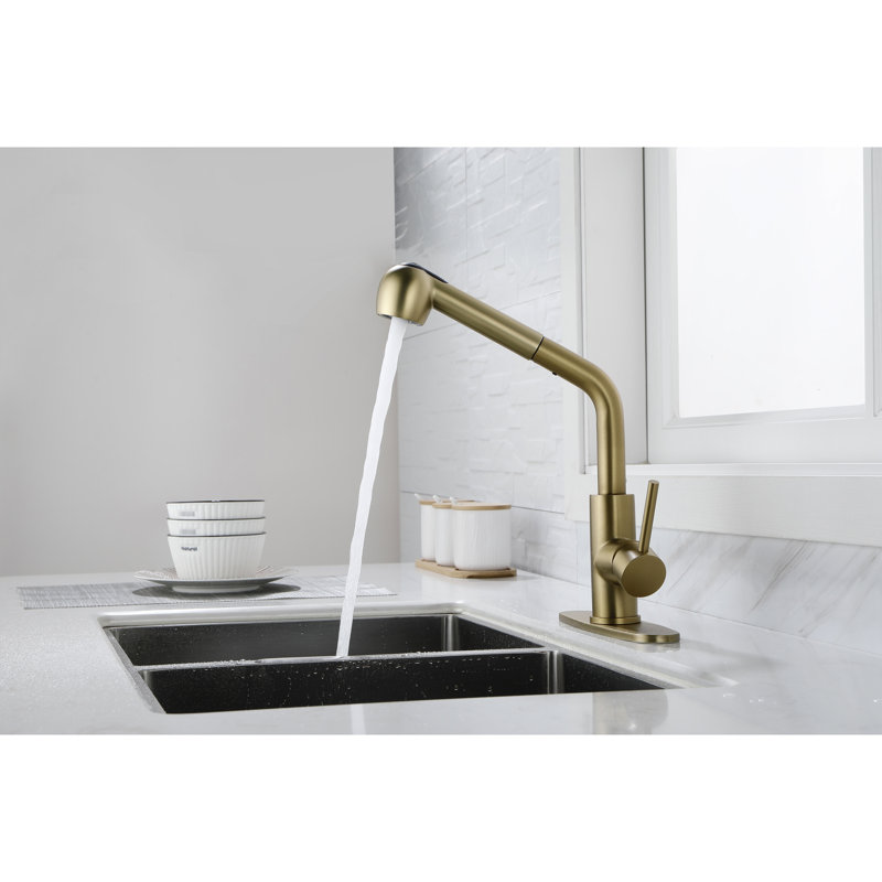Gold Stainless Steel Kitchen Sink Faucet With Pull-Out - Elegant Design For A Beautiful Easy To Operate Single Handle And Full Range Washing Access