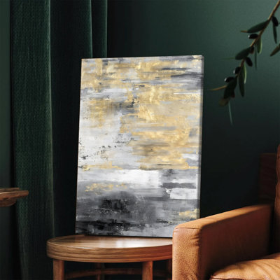 1 pièce, art mural encadré, art abstrait moderne sur toile avec des accents de feuille d'or, peinture abstraite grise et noire pour le salon, la chambre, le bureau, la décoration intérieure, œuvre d'art contemporaine prête à être accrochée