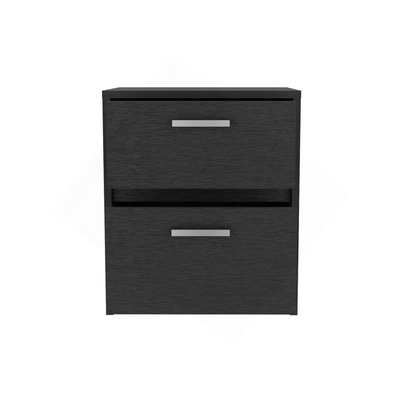 Table de chevet H 18 po, 2 tiroirs avec poignées en métal, noir, Noir